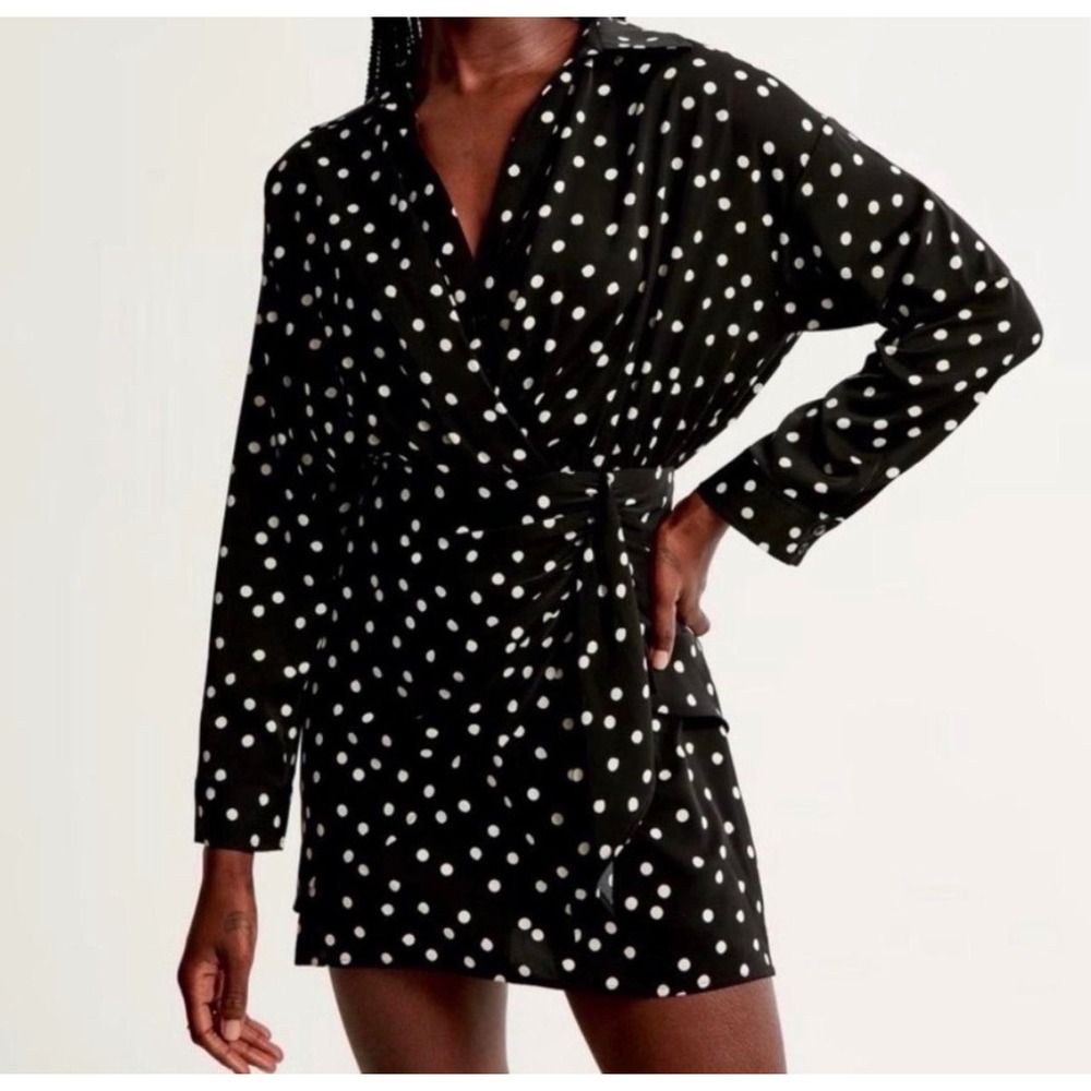 Abercrombie & Fitch Black Polka Dot Long Sleeve Wrap Mini Dress XS Tall